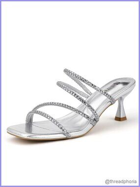 Strappy Rhinestone Kitten Heels Slip On Low Heel Sandals